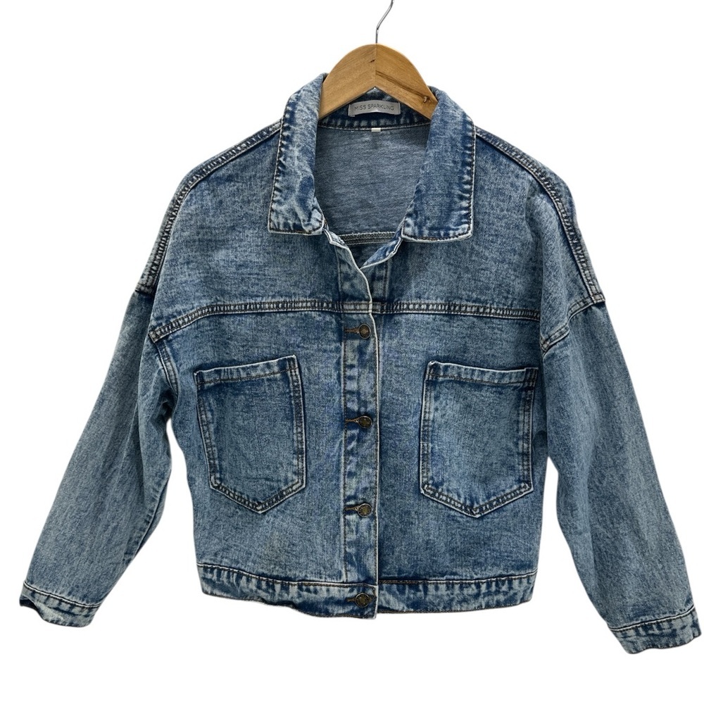 Miss Sparkling Acid Wash Denim Jacket Oversized Cropped 80s‎ 90s Streetwear S